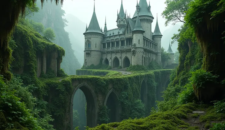  a castle sitting in the middle of a lush green forest, unsplash contest winner, fantasy art, mossy ruins, gothic aesthetic, chasm, ornate palace made of green, overgrown with vegetation, building crumbling, neo-gothic, fortress gateway, an overgrown
