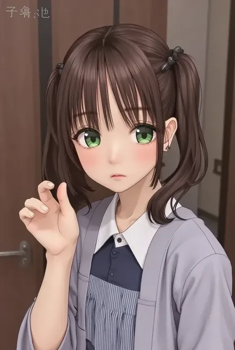 (((masterpiece,  top quality ,  high res,8k,perfect hand))), 1 girl, twin tails, medium hair,Brown Hair, surprised,  open your mouth:0.7,, medium breasts,green eye,School, raise your hand,(((Tears:1.3)))