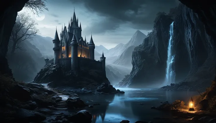 Horror-themed , Create an eerily beautiful scene of a Drow elven castle nestled in a typically dark elven setting. imagine a setting with a meandering river and cascading waterfall, surrounded by the mysterious allure of the Underdark. Capture the eerie el...