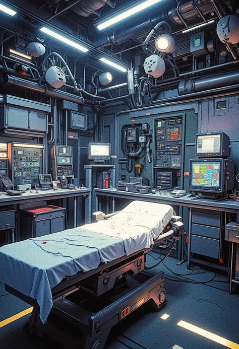 A background of a laboratory, more or less large, the room of a laboratory with flashing lights, an empty bed around the work tables without people, a surgical thing, a surgical tool, robotic things, this is like a machine for robotics like that, cables.