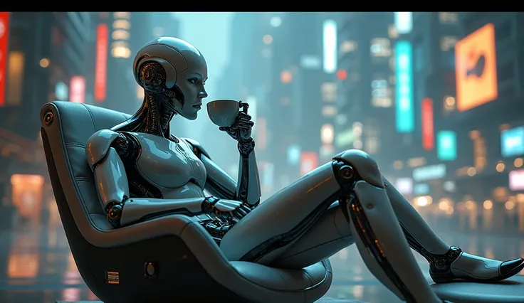 photo realistic,Robot sitting in a chair drinking coffee, society ), society 9, trk,Cyborg movie still, Arita Photos, high definition society, Cyborg Villain movie still, society uhd highly detailed 4k, cyborg movie pictures, Cool stills, Cybernetic, highl...