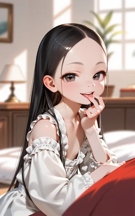 masterpiece,best quality,ultra-detailed,super detailed skin,perfect anatomy,detailed,beautiful detailed eyes,long hair,forehead,straight hair,black hair,black eyes,(loli:1.2),petite,flat chests,(naughty face:1.2),
oral invitation,simple background, blurry ...