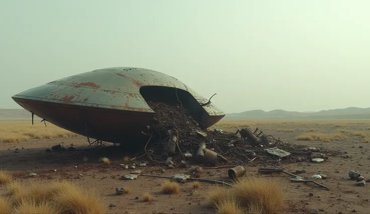   “An abandoned open field with metal debris scattered around”,   representing the remains of a crashed UFO  , with a dark and deserted environment  