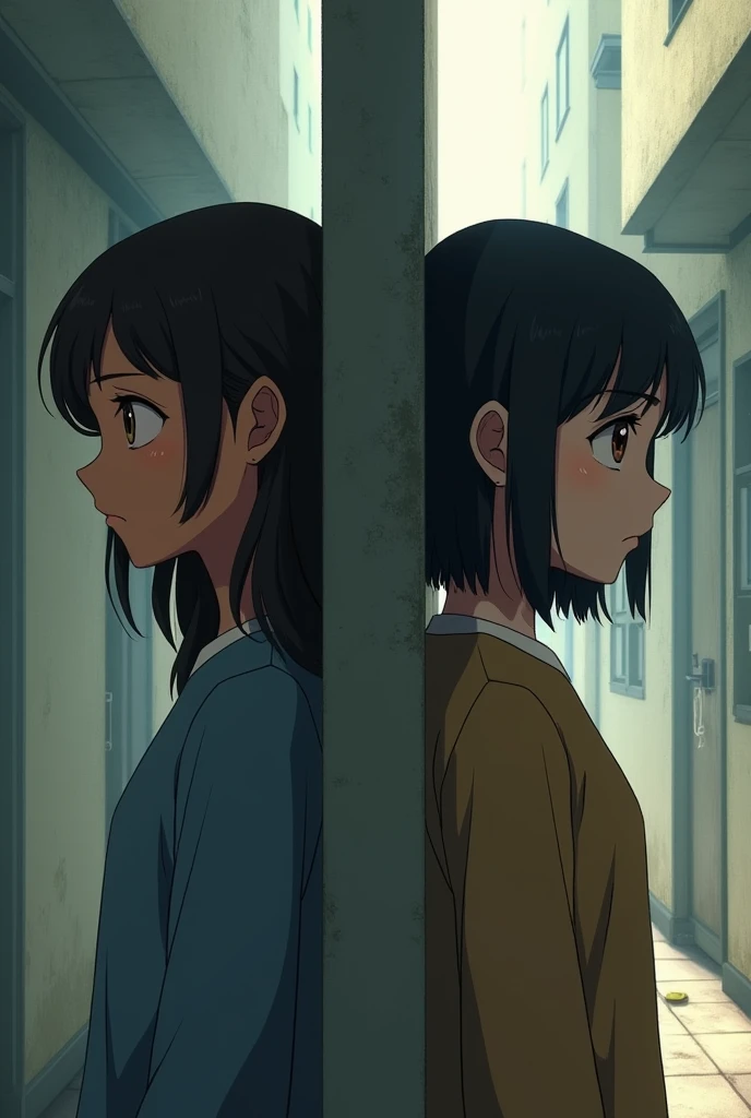 two girls, backwards, What separates them by a wall,  a brown girl with a raised nose and honey-colored eyes, And the other dark-haired girl ,  with brown eyes and an eyebrow piercing  