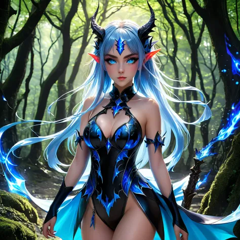  an isekai anime-style image of a dark magical fantasy world with anime characters,  pretty anime girl half dragon half elf,  dark forests ,  succubus demon type , Powerful magical aura ,  perfect neon blue eyes , beautiful eyelashes,  sexy and medieval cl...