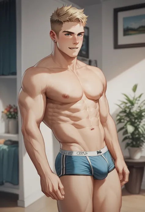 A handsome shirtless man wearing only underwear