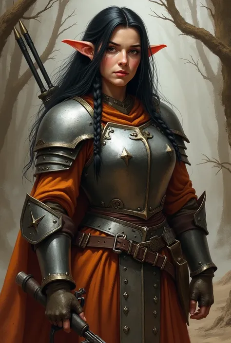 Dungeons and Dragons, woman, (((dwarf))), beautiful, short, thicc, ranger, long hair, not fat, young, breastplate, braids, portrait, thick, female dwarf, broad face, muscular, busty, black colored hair, large breasts, plate armor, brawny, practical armor, ...