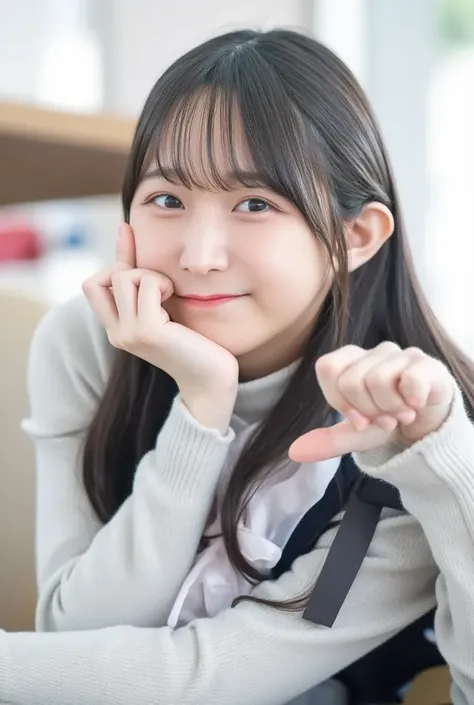 score_9,score_8_ up,score_7_ up, 1 girl,Alone,bangs,,smile, viewers,indoor,Blur,Blur background, braided , brown eyes,Brown Hair,  closed mouse, depth of field , eyelash ,hand  up,heart, long hair, Long Sleeve , school uniform,side lock, sitting, twin tail...