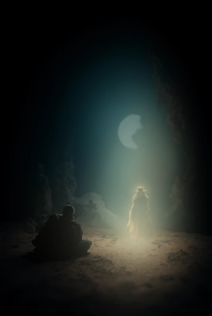 Create a peaceful, atmospheric scene set in a dark, quiet cave in the desert. The Prophet Muhammad (PBUH), dressed in traditional Arabian robes, is sitting in a meditative, prayerful posture, surrounded by soft, natural light filtering in from a distant op...