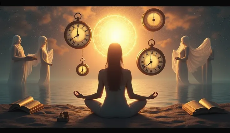 A serene figure meditating in a mystical setting surrounded by clocks and books. Symbols depicting concepts like purpose and distraction connect to a bright aura emanating from their head, . In the background, ethereal beings represent guidance, with a sun...