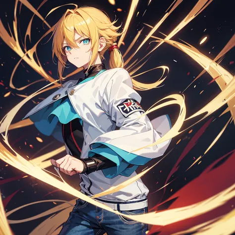 Young anime boy .  He has blond hair tied with 2 locks on the sides of his hair .  The eyes are green with blue pupils .  Long red cachecool covering his neck . black t-shirt ,  over the t-shirt is a white leather jacket with light blue details.  Brown glo...