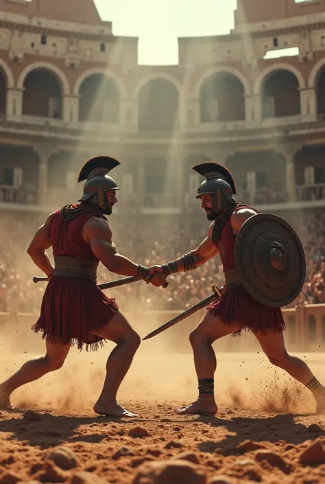  An epic gladiatorial combat at the Colosseum , set in ancient Rome .  Two muscular gladiators fight intensely in the center of the arena ,  using foam shields and shields while the dust and the blood move They mix on the sandy floor.  The crowd in the bac...