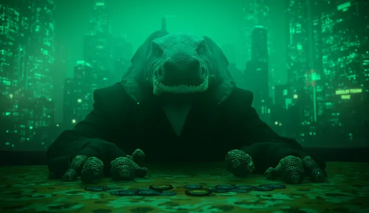 shark croupier in a tuxedo at the poker table  ,  there are a lot of chips on the table in the background, the city of the future is all in shades of green