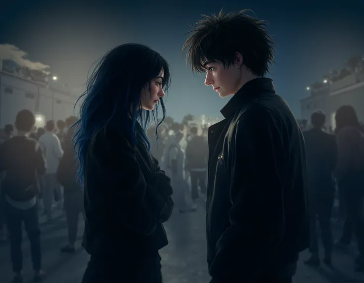  illustrate the following scene :  a 15-year-old girl,  She has no fringe ,  she has loose and long black hair with half-pointed blue highlights ,  wearing an old leather jacket and black jeans ,  she is looking at a boy with a sulky expression and a sligh...