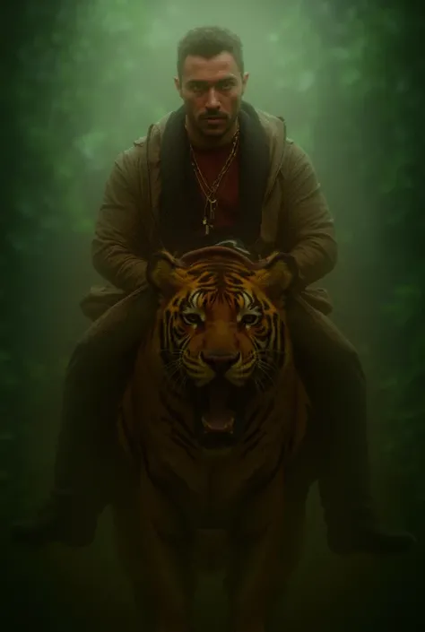 A handsome man riding a tiger walks towards the camera