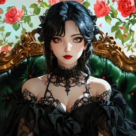  beautiful gothic lolita girl sitting alone on a green sofa , A Girl and a Gothic Knight, sitting alone on a green sofa,  wearing black lace in a black dress,  Surreal,  high res,  extremely detailed,  most detailed,  red lips, baroque,  complicated,  cine...