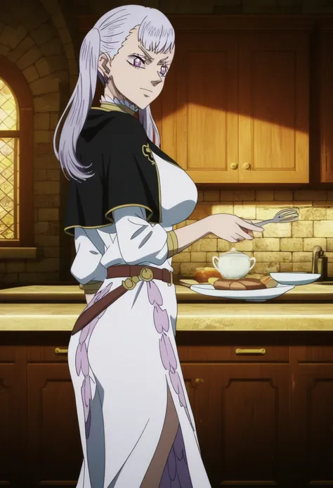  high-resolution ,  Masterpiece, precise,  Best Quality,  high-profile room, โมเดล high-resolution , background, kitchen, From the Black Clover series, Noelle silva, Double ponytail, Gray hair, Purple eyes, Pupil , Multicolored eyes,  big breasts, Insert V...