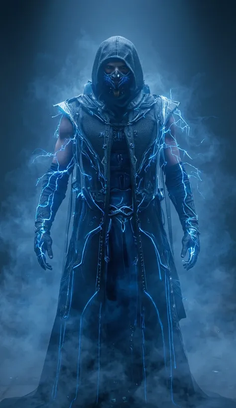 ((Subzero do Mortal Kombat,  ultra realistic )), ((( full body ))), ((perfect hands)), stunning,  hyper realistic , Render octan , surrounded by the effect of smoke and lightning, Mortal Kombat Style, old background, elegant, stunning, ( wallpaper ),  conc...