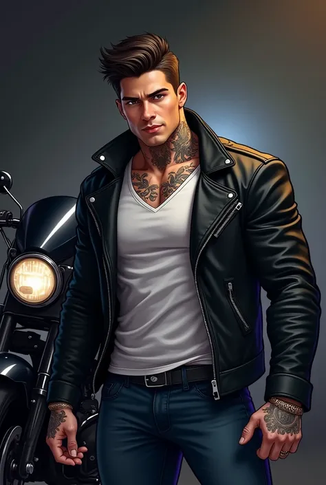 Create a beautiful book cover .
 Make a handsome man with dark hair and brown eyes with multiple tattoos on his neck and hands and muscular, high.  Wearing jeans and a black leather jacket , a white t-shirt underneath.  He is in front of a beautiful black ...