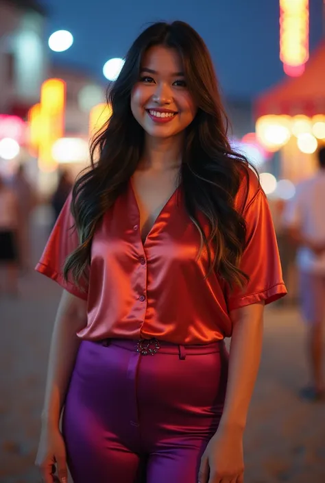 26 year old south Korean woman, curvy figure, sexy, thick lips, skintight clothes, full length portrait,, nicely shaped nose,  light make up, kodak 400, film grain, wearing colorful tight glossy shiny satin kurta, (short sleeves satin kurta), plum satin le...