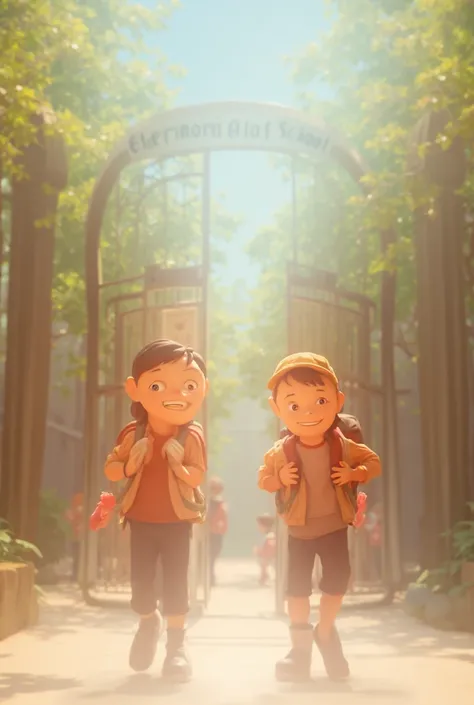 "Lan and Minh are standing in front of a school gate with a sign reading Elementary School. Both are smiling brightly. Lan is gesturing as if explaining something, while Minh nods happily. Around them, other ren with backpacks are entering the school3d car...