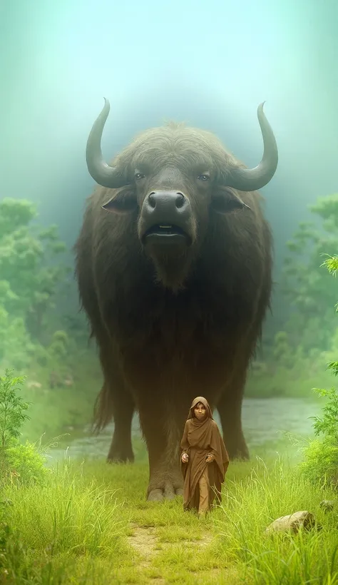  woman in brown hijab walking with very large buffalo, background of grass path and river 