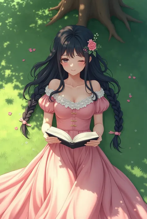 anime style, female, black hair, one braid,middle parted bangs, flower hair clip, wearing a historical pink dress, lying on the grass under a tree, holding an open book placed over her mouth almost covering half of her face, she glanced to the side, point ...