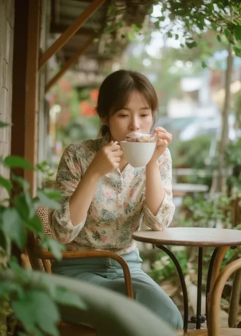 Thai woman sipping coffee