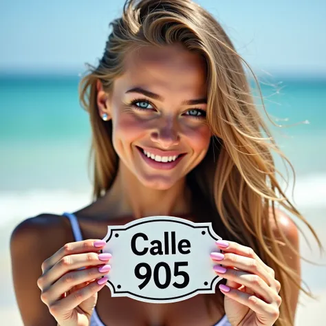 Image of attractive sensual 4K UKRANIAN BEAUTIFUL BONDE teen GIRL super gigant breast super model smiling in a beach big BLUE EYES earring collar PIERCING ROSE LONG nails holding SMALL WHITE oval  adress metal sign with TEXT: "Calle 905" in his HANDS