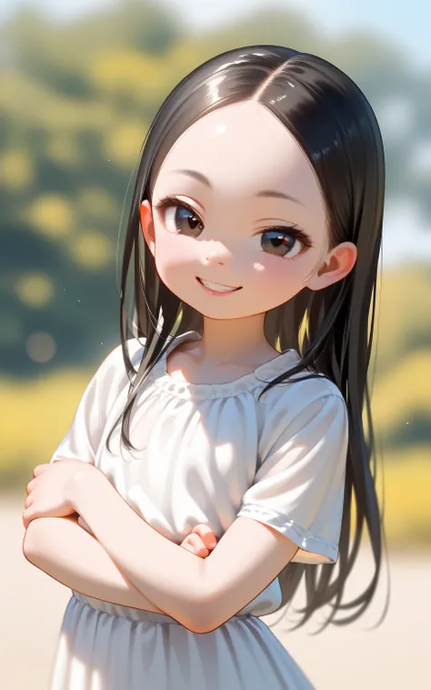 masterpiece,best quality,ultra-detailed,super detailed skin,perfect anatomy,detailed,beautiful detailed eyes,long hair,forehead,straight hair,black hair,black eyes,(loli:1.2),petite,flat chests,(naughty face:1.2),
v arms,simple background, blurry backgroun...