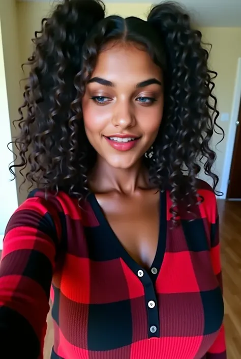  Dark-skinned Amazonian woman ,  curly hair, pigtails,  Long and voluminous , red and black plaid crochet sweatshirt,  taking a selfie , same background, ( small breasts ), neckline,  WIDE HIPS,  fine winding,  big ass and thick thighs . in the kitchen, dr...