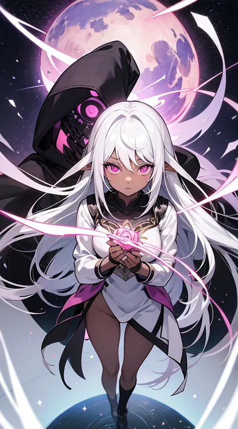 woman, black skin,  black elf socks , pink eyes,  rose-colored eyes ,  long hair ,  white hair,  black clothes ,  silver armor ,  space qi ,  soul qi , purple mana , puppets,  puppet control 

Imagem de corpo inteiro, todo o corpo.