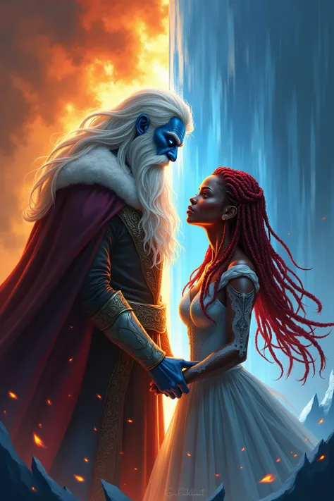  Realistic drawing of a very tall young and handsome man, King of darkness and ice, glowing blue eyes, long white hair, landscape divided into ice consumed by fire ,  realistic young and beautiful black-skinned princess , red-haired dread locks and braids,...