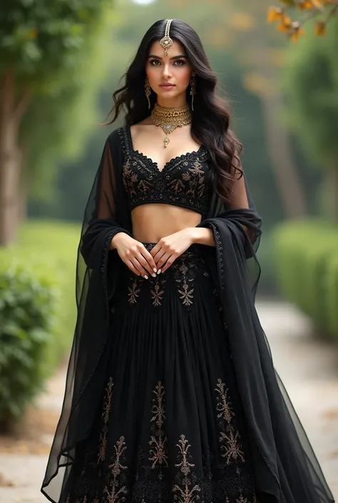 A Pakistan women cute skin white colour and black hair and black lehenga gold head chain black sleeve and slippers realistic 8k uhd upscale wedding outfit 