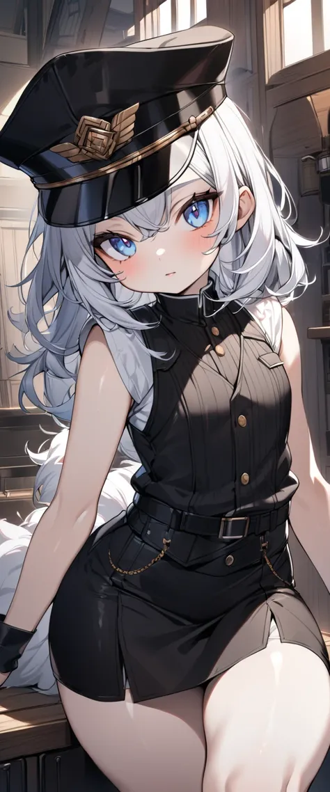 Girl, small chest, fluffy white hair, pale skin, silvery blue eyes, white shirt, black vest, black skirt, thick thighs, black peaked cap, HD