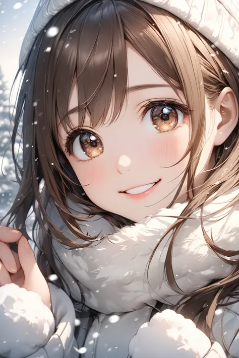 cute beautiful woman , smile,  semi-long hair、Brown Hair、 brown eyes、shy, Light Makeup、Gentle background color,  soft, fluffy calming effect,  shading effect ,  gradient magic effect, ( super detailed , The perfect solution,  top quality :1.3), 2.5D,  deli...