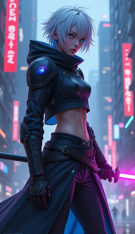 A cyberpunk warrior in a futuristic anime world, designed with inspiration from samurai warriors and advanced technology. They wear a sleek, lightweight armor featuring neon blue and violet accents, combined with dark, weathered fabrics. Their face display...