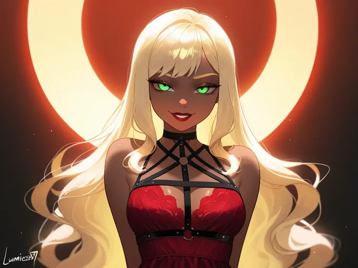  OC, female, semi realism, dark tanned skin, red lips, blonde eyebrows, perfect face, long wavy light Ashe blonde hair with bang,  half-closed Green eyes, evil smile, red glamorous, sweet aesthetic, harness and lace mystic dress, mystic luminescent, sexy, ...