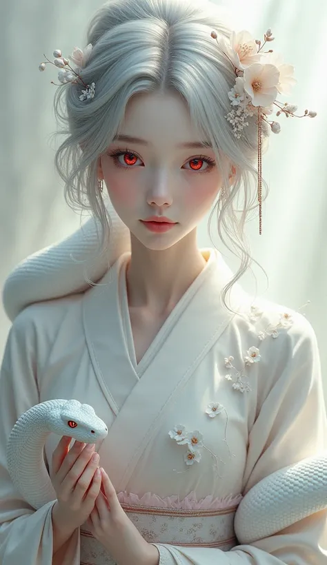 Beauty　 cute　Silver　 is wearing a kimono 　 the hair is lowered　front　 the white snake is on the side 　The eyes of the white snake are red 