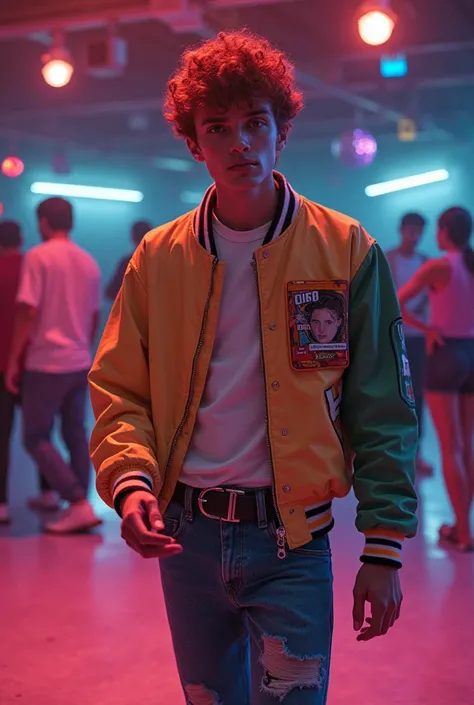 Lean muscle teen boy Dougie Dixon 15-years-old (New wave), (members only jacket), 1980s (disco ball), (skating rink), hyper realistic