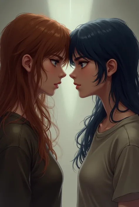  Two girls looking at each other in a defiant way, a chestnut and a dark blue haired ,  both with loose hair, Realistic like human High resolution,  long hair, and short hair,  multiple views , 