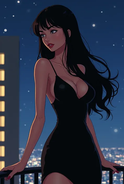 Do it for me, Realistic art, American Manhwa ,  high quality, a woman, Madura, adult, with striking features, attractive, elegant, with long,  black hair, piercing eyes, gray eyes,  velvety and full lips,  Slightly tanned skin , slender body,  wearing a bl...