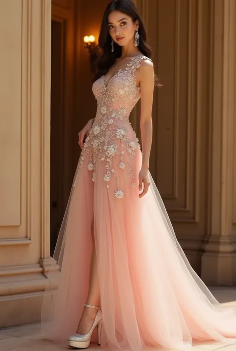 A beautiful and elegant Asian woman in her mid-20s radiates elegance in a stunning embellished pale pink dress, featuring intricate floral embroidery and crystal-like textures. Her dark brown hair falls softly behind her as she poses confidently at a sligh...