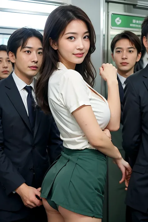 (( white shirt))、 ((dark green skirt ))、 ((office lady uniform ))、 J-cup large breasts、Beautifully shaped breasts、slender、 Outstanding Style 、Tight tops、Open chest、Emphasizes the fullness of the chest、Cleavage、Beautifully shaped breasts 、Open chest、Breast ...