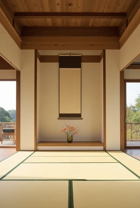 The floor of a Japanese house、 from the front、Large floor room、hanging scroll、Flower arrangement、Japanese-style room、tatami, A traditional alcove, Japanese house
