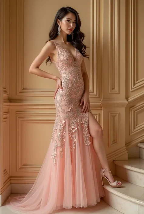 A beautiful and elegant Asian woman in her mid-20s radiates elegance in a stunning embellished pale pink dress, featuring intricate floral embroidery and crystal-like textures. Her dark brown hair falls softly behind her as she poses confidently at a sligh...