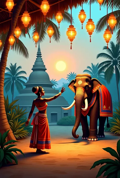 Depict a traditional Sri Lankan village scene during a cultural festival. A Kandyan dancer in vibrant attire performs gracefully under a canopy of twinkling lanterns, while a majestic elephant adorned in colorful garments stands nearby. In the background, ...