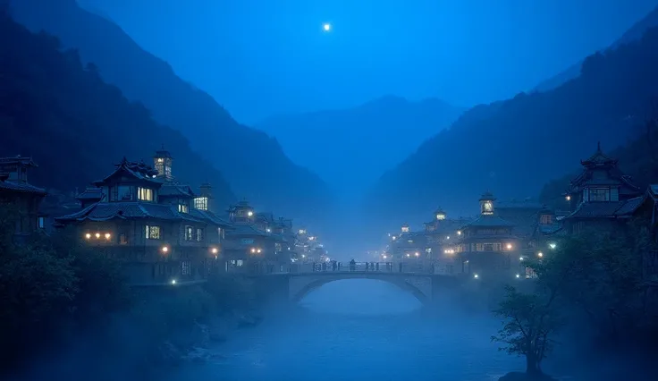 A majestic, moonlit scene viewed from a small, arched footbridge in historic Ginzan Onsen. The ornate ryokans rise up before you in breathtaking grandeur, their elaborate, radiant facades towering overhead. Warm lantern light and soft moonbeams dramaticall...