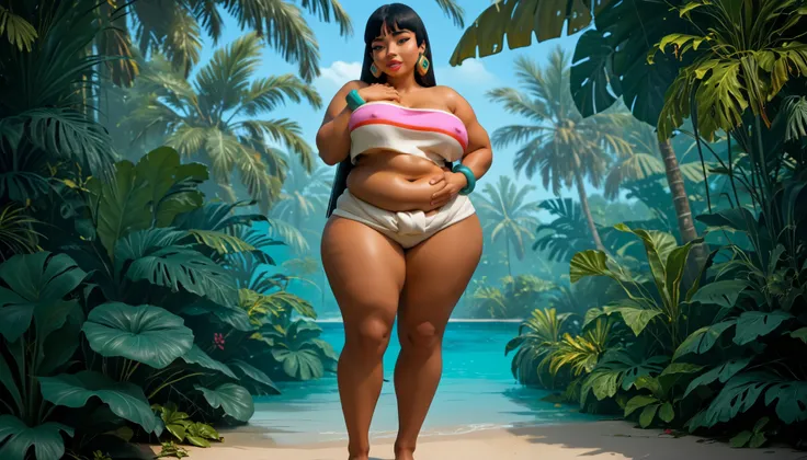 best quality, high rating, (Chel, El Dorado), ((brown skin)), (LOOKING AT VIEWER), brown eyes, full coral pink lips and long, straight thigh-length black hair with flat bangs and sideburns that go partially down ears, non-prominent nose, off-white tube top...
