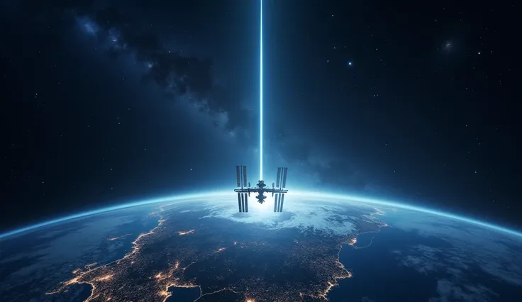 "A massive futuristic cable extending from the Earths surface all the way to the International Space Station in space. The cable is thin, metallic, and glimmers with a faint blue light as it stretches into the starry void above. On Earth, city lights shine...